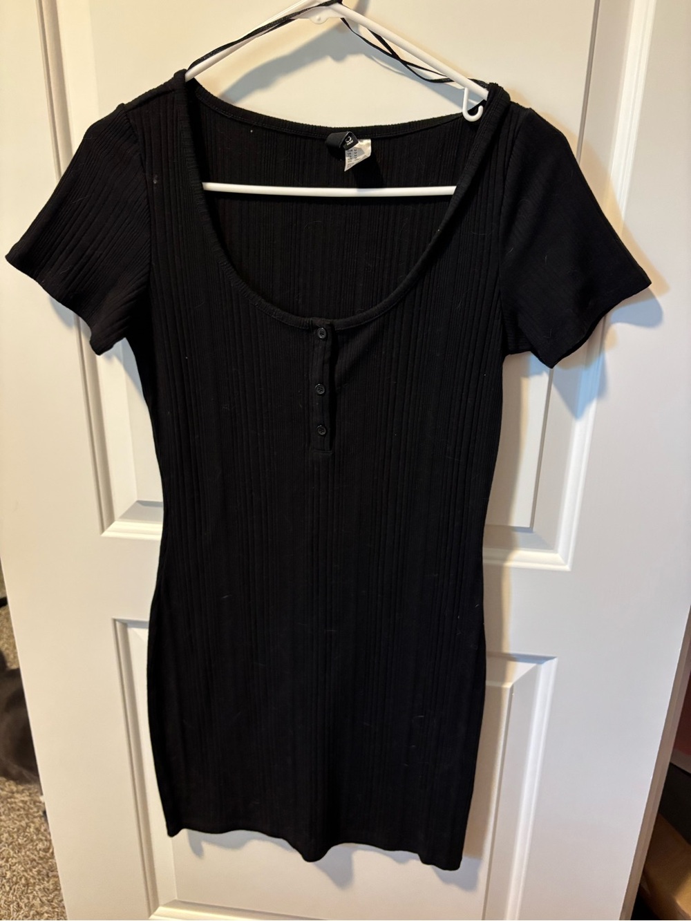Divided Black Ribbed Henley Neck Dress